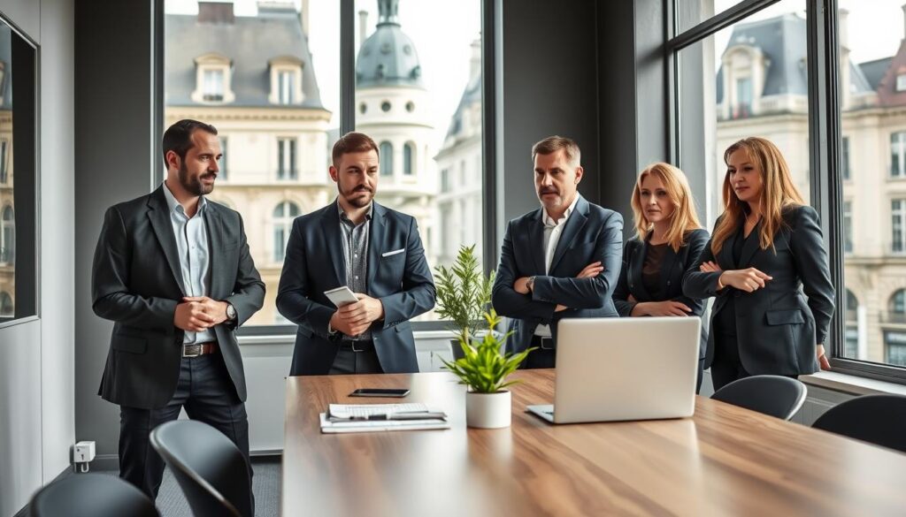 A professional real estate team from "Les BonsBiens Agence Immo Caen" stands confidently in a modern office space. Foreground: three agents—two men and one woman—dressed in professional business attire, engaged in a discussion while reviewing property listings on a sleek laptop. Middle: a stylish meeting table with documents and a small plant, emphasizing a productive atmosphere. Background: large windows showcasing the beautiful architecture of Caen, Normandy, with soft natural light filtering in, creating a bright and inviting environment. The mood is one of professionalism, dedication, and approachability, reflecting a skilled and attentive team ready to assist clients. Shot with a wide-angle lens to capture the entire scene, ensuring every detail is vibrant and clear.
