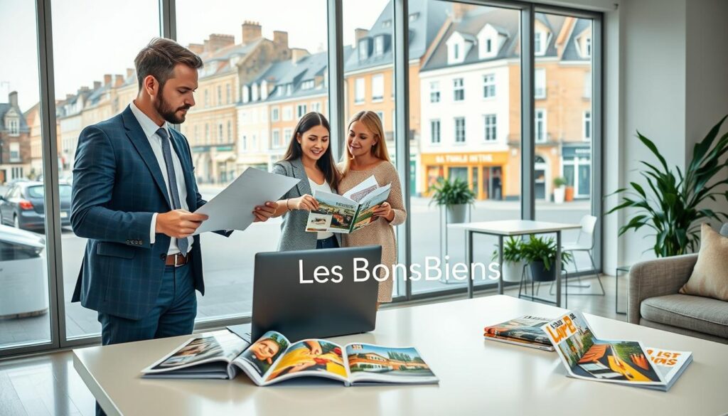 A professionally staged real estate office scene in Caen, Normandy. In the foreground, a well-dressed real estate agent confidently presents listings to a young couple, who are eagerly examining documents and images of modern apartments. The middle ground features a sleek desk with a laptop, brochures showcasing various properties in vibrant colors, and a stylish coffee table adorned with magazines about home design. The background highlights a large window that offers a view of classic Norman architecture, with charming historical buildings lining a picturesque street. Soft, natural lighting floods the room, creating an inviting and warm atmosphere. Include the brand name "Les BonsBiens Agence Immo Caen" subtly displayed on the desk, focusing on professionalism and client engagement.