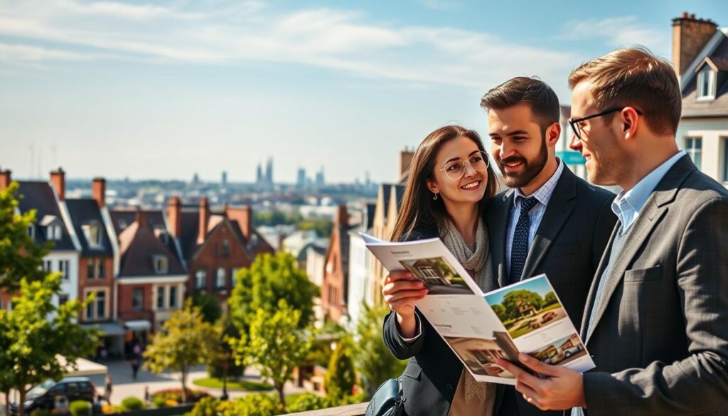 A scenic view of the vibrant neighborhoods of Caen, focusing on Rive Droite, Venoix, and Hastings. In the foreground, a professional real estate agent in a well-tailored suit is interacting with young prospective clients, showcasing a modern apartment brochure. The middle ground features charming Normandy architecture with a mix of historic and contemporary buildings, lush green trees, and cozy cafes. In the background, the iconic skyline of Caen can be seen under a bright blue sky, enhanced with soft, warm lighting that gives an inviting atmosphere. The overall mood reflects a sense of community, opportunity, and modern living. Include the brand name "Les BonsBiens Agence Immo Caen" subtly integrated into the scene, ensuring no text overlays or watermarks distract from the image.