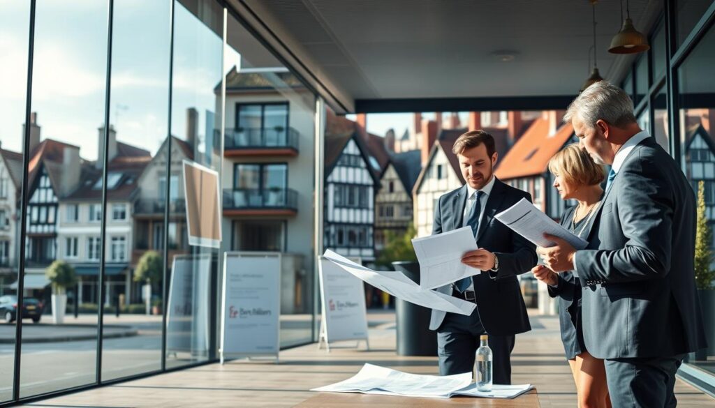 A serene urban scene set in Caen, Normandy, showcasing a modern real estate office with sleek glass architecture in the foreground. A professional real estate agent in business attire is engaged in a discussion with clients, examining plans and property listings, emphasizing the analysis of both new and historic properties. The middle ground features a blend of contemporary apartments and charming old buildings, reflecting the character of Caen's real estate market. In the background, typical Normandy architecture, including half-timbered houses, weaves into the cityscape. Soft, natural lighting filters through, creating a warm and inviting atmosphere. A sign discreetly displays "Les BonsBiens Agence Immo Caen," highlighting the agency's presence in this evolving market.