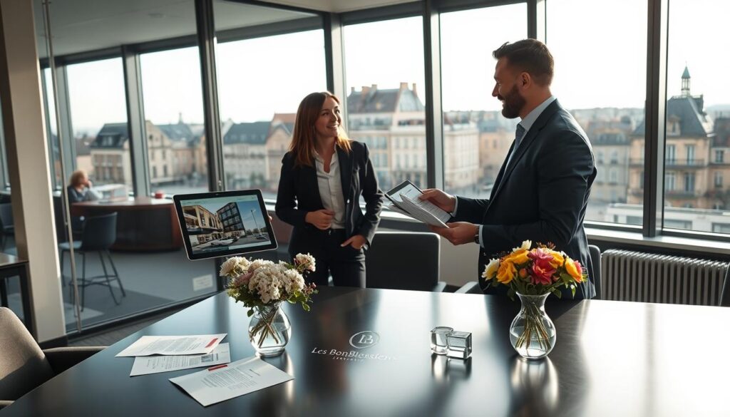 A sophisticated real estate meeting scene set in a stylish office overlooking the picturesque architecture of Caen, Normandy. In the foreground, a professional real estate agent in business attire presents a luxury apartment listing on a digital tablet to a couple, who are attentively engaged. The agent embodies professionalism and expertise, exuding confidence and warmth. The middle ground features a sleek conference table adorned with elegant paperwork, including the logo "Les BonsBiens Agence Immo Caen", and a stylish vase with fresh flowers. The background reveals large windows showcasing a stunning view of Caen's modern real estate and historic buildings bathed in soft, natural light, creating an inviting and aspirational atmosphere. The overall mood is one of sophistication, trust, and potential, ideal for showcasing exceptional investment strategies.