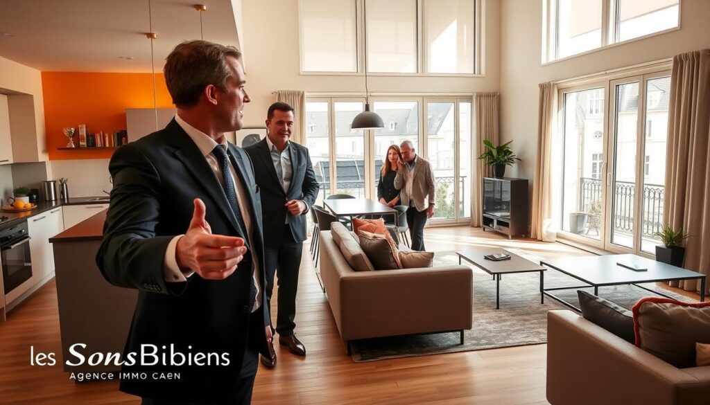 A stylish modern apartment in the center of Caen, showcasing desirable features such as large windows with natural light flooding in, an open floor plan with a contemporary kitchen and elegant living area. In the foreground, a professional real estate agent in smart business attire gestures towards the vibrant decor and stylish furnishings, assisting a couple of clients dressed in modest casual clothing as they explore. The middle showcases a cozy dining area with a sleek table and chairs, while the background gives a glimpse of the historic Normandy architecture visible through the windows. The whole scene is bathed in warm, inviting lighting, captured from a slightly elevated angle to emphasize the apartment's spaciousness and charm. Include the brand name "Les BonsBiens Agence Immo Caen" subtly integrated into the design without visible text.