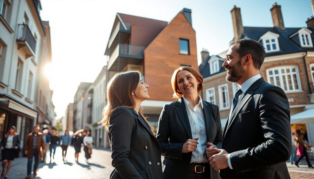 A vibrant and bustling real estate scene in Caen, showcasing modern properties integrated with traditional Normandy architecture. In the foreground, a professional real estate agent in smart business attire is engaged in a friendly discussion with a couple, illustrating personalized service. The middle ground features several stylish buildings, emphasizing the contemporary real estate market. The background reveals the charming streets of Caen, with people walking and enjoying the atmosphere. Bright, natural sunlight bathes the scene, creating a warm and inviting mood. The angle captures a dynamic view of the market, with the brand name "Les BonsBiens Agence Immo Caen" subtly suggested in the environment, blending seamlessly into the landscape.