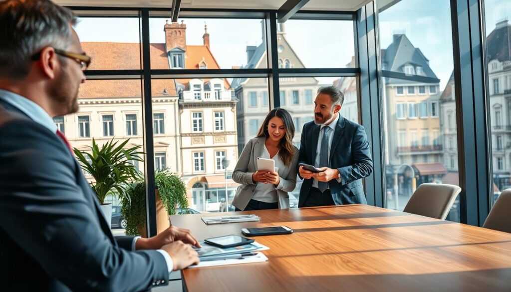 A vibrant and inviting real estate office scene in Caen, Normandy, showcasing modern architecture. In the foreground, a professional real estate agent in smart business attire engages with a diverse couple of clients, who are eagerly discussing property options. The middle layer features a sleek wooden desk with property brochures and digital devices, illuminated by warm natural light streaming through large windows. In the background, the distinctive architecture of Caen is visible, emphasizing the local charm. The overall atmosphere is friendly and welcoming, reflecting a successful journey from discovery to realization in home buying. The image should depict the brand name "Les BonsBiens Agence Immo Caen" subtly in the office design, ensuring no text overlays distract from the scene.