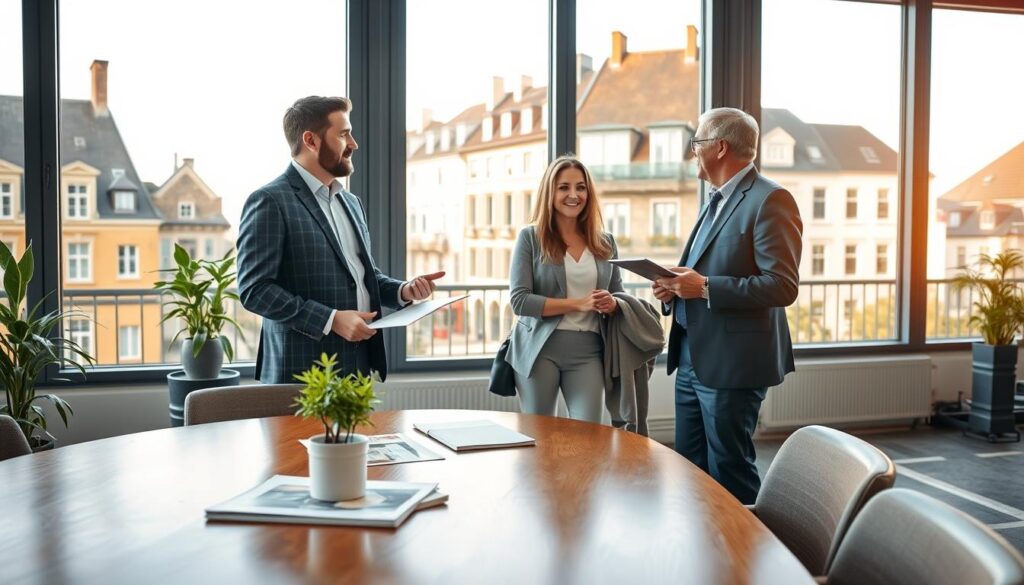 A vibrant and inviting scene of modern real estate in Caen, depicting a professional real estate agent engaged in a friendly meeting with clients in an elegant office space. The foreground features a polished wooden table with architectural brochures and a small potted plant. In the middle ground, the agent, dressed in smart business attire, is animatedly discussing property options with a couple casually dressed yet presentable, showcasing a warm, approachable atmosphere. The background highlights large windows overlooking classic Normandy architecture, bathed in warm afternoon sunlight for a cozy feel. The scene conveys a sense of quality of life in Caen and emphasizes the expertise of Les BonsBiens Agence Immo Caen.
