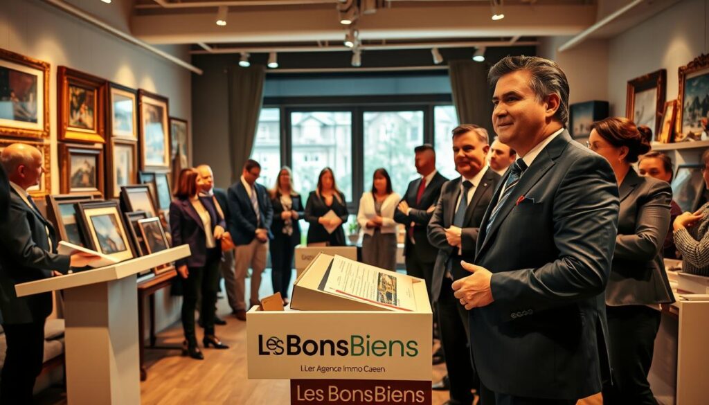 A vibrant auction room set in a stylish property auction house in Caen, Normandy. In the foreground, a professional real estate agent in a tailored suit stands confidently beside a modern podium, engaging with a diverse group of clients dressed in business casual attire. The clients display expressions of interest and anticipation as they examine various property listings. In the middle ground, a backdrop of elegant auction items such as framed artworks and exquisite home decor enriches the scene. The lighting is warm and inviting, focusing on the agent and clients, with soft shadows adding depth. In the background, a large window reveals typical Normandy architecture, with a hint of greenery outside. The atmosphere is energetic and professional, encapsulating the essence of a buzzing auction environment. Les BonsBiens Agence Immo Caen branding subtly incorporated into the scene.