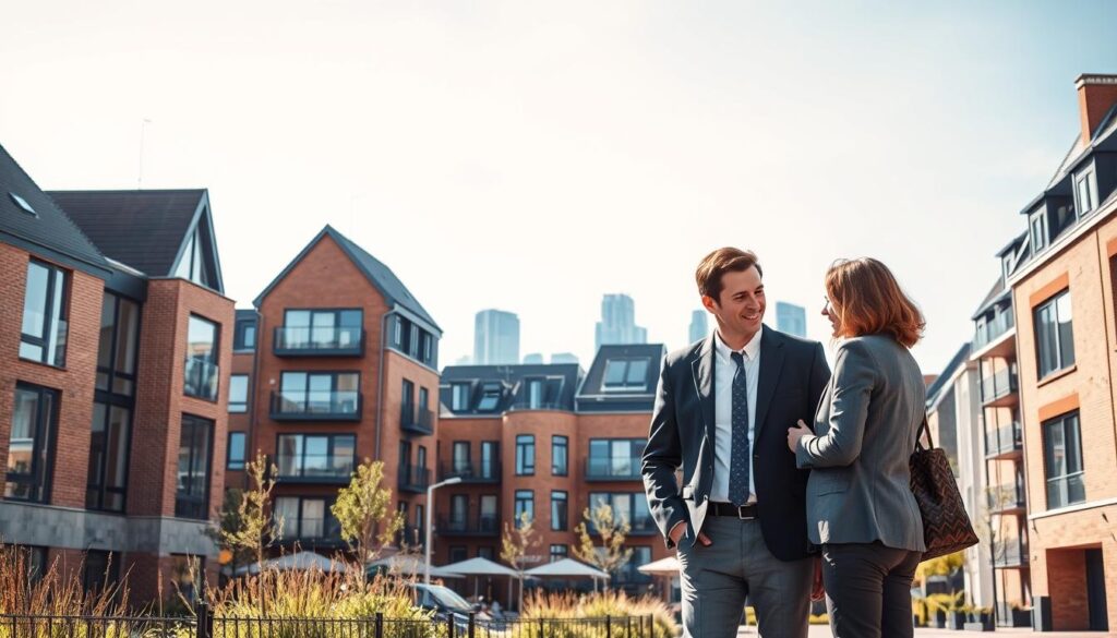 A vibrant local real estate market scene in Caen, showcasing modern architecture typical of Normandy. In the foreground, a professional real estate agent dressed in business attire is engaging with a couple of clients, discussing properties. The middle ground features a variety of stylish apartment buildings, reflecting contemporary design and charm, with attention to detail in brickwork and large windows. In the background, the iconic Caen skyline under a clear blue sky adds depth to the scene. Soft, natural lighting creates an inviting atmosphere, highlighting the warm colors of the buildings. The overall mood conveys growth and opportunity in the local real estate market, with a subtle branding element of "Les BonsBiens Agence Immo Caen" integrated into the setting.