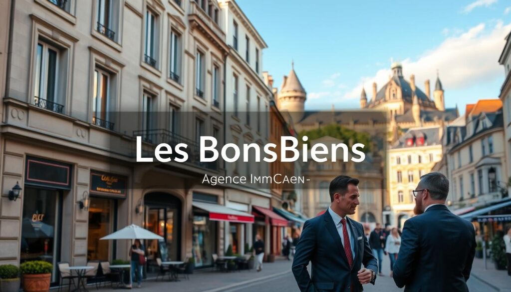 A vibrant real estate scene in Caen, Normandy, showcasing an elegant modern apartment building with large windows and tasteful architecture in the foreground. A professional real estate agent in business attire is interacting with potential clients, discussing available listings. In the middle ground, a picturesque street lined with cafes and shops creates a lively atmosphere, reflecting the charm of the city center. The background features historic landmarks of Caen, such as the Château de Caen, under a clear blue sky. Soft, natural lighting enhances the scene, and the composition is shot from a slightly elevated angle to capture the bustling activity below. The brand name "Les BonsBiens Agence Immo Caen" subtly integrated into the image, emphasizing the focus on the property market in this vibrant community.