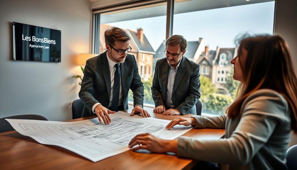 A vibrant scene depicting a professional real estate agent in a modern office, discussing property valuation with a couple. The agent, dressed in formal business attire, is gesturing towards a detailed architectural plan spread on the desk. The couple, dressed in smart casual clothing, appears engaged and interested. In the background, a large window offers a view of characteristic Normandy architecture in Caen, with charming buildings and greenery outside. The lighting is warm and inviting, creating a professional yet approachable atmosphere. The brand name "Les BonsBiens Agence Immo Caen" is subtly integrated into the office decor, such as a sleek sign on the wall. The angle captures the interaction and focus on the property discussion, emphasizing expertise and personal connection in real estate.