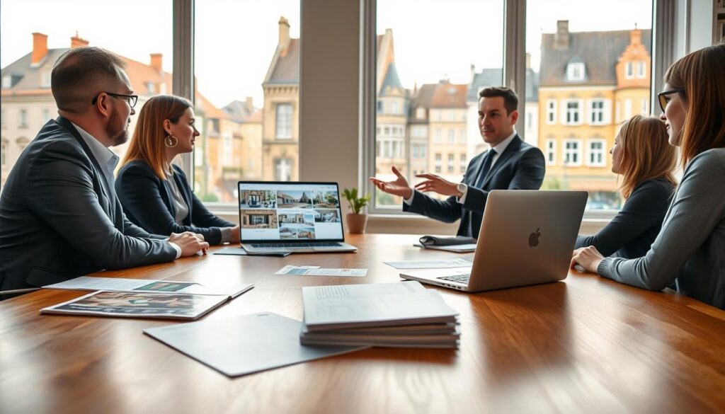 A vibrant scene depicting a professional real estate agent in a well-lit modern office, engaged in a meeting with clients discussing real estate value optimization. The foreground features a polished wooden table with property brochures and a laptop displaying market analytics. In the middle ground, the agent is a sophisticated individual dressed in smart business attire, gesturing towards a digital screen with property images. The background showcases large windows revealing a picturesque view of Caen's charming Normandy architecture. Soft, natural lighting illuminates the space, creating a welcoming atmosphere. Include subtle branding elements with “Les BonsBiens Agence Immo Caen” subtly incorporated into the office décor. The overall mood is professional and inviting, emphasizing the importance of local expertise in maximizing real estate value.