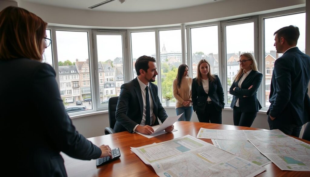 A vibrant scene showcasing a professional real estate agent in a modern office environment in Caen, Normandy. In the foreground, the agent, dressed in smart business attire, is engaging with clients over a polished wooden desk covered in property listings and maps. The middle ground features several large windows allowing natural light to flood the room, highlighting key architectural details of the office inspired by local Normandy design. In the background, an enticing view of the picturesque Presqu'île Caen can be seen, with charming buildings and greenery. The atmosphere conveys a sense of professionalism and trust, embodying the expertise of "Les BonsBiens Agence Immo Caen" in helping clients find their ideal apartments. Soft, diffused lighting enhances the welcoming ambiance. A vibrant scene showcasing a professional real estate agent in a modern office environment in Caen, Normandy. In the foreground, the agent, dressed in smart business attire, is engaging with clients over a polished wooden desk covered in property listings and maps. The middle ground features several large windows allowing natural light to flood the room, highlighting key architectural details of the office inspired by local Normandy design. In the background, an enticing view of the picturesque Presqu'île Caen can be seen, with charming buildings and greenery. The atmosphere conveys a sense of professionalism and trust, embodying the expertise of "Les BonsBiens Agence Immo Caen" in helping clients find their ideal apartments. Soft, diffused lighting enhances the welcoming ambiance.