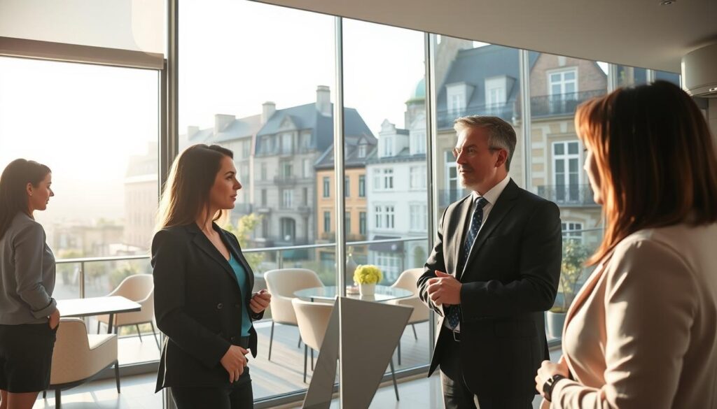 A vibrant scene showcasing a real estate comparison in the hyper-center of Caen, Normandy. In the foreground, a professional real estate agent, dressed in business attire, is engaged in discussion with two clients, representing different demographics. The middle section presents a stylish modern apartment interior with large windows featuring elegant furnishings and décor. In the background, traditional Normandy architecture contrasts with contemporary buildings, hinting at a rich history. The scene is illuminated by soft, natural light streaming through the windows, creating a warm and inviting atmosphere. The overall mood is professional yet welcoming, emphasizing the expertise of Les BonsBiens Agence Immo Caen. Capture this balance to highlight the juxtaposition of properties in this vibrant urban setting. A vibrant scene showcasing a real estate comparison in the hyper-center of Caen, Normandy. In the foreground, a professional real estate agent, dressed in business attire, is engaged in discussion with two clients, representing different demographics. The middle section presents a stylish modern apartment interior with large windows featuring elegant furnishings and décor. In the background, traditional Normandy architecture contrasts with contemporary buildings, hinting at a rich history. The scene is illuminated by soft, natural light streaming through the windows, creating a warm and inviting atmosphere. The overall mood is professional yet welcoming, emphasizing the expertise of Les BonsBiens Agence Immo Caen. Capture this balance to highlight the juxtaposition of properties in this vibrant urban setting.