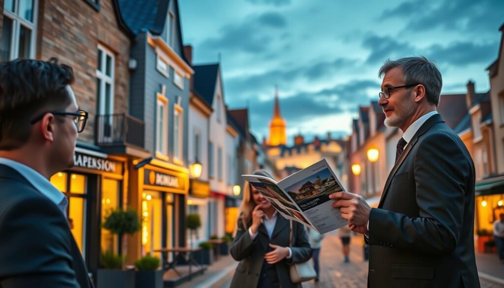 A vibrant scene showcasing the concept of local services in Caen, Normandy. In the foreground, a professional real estate agent in smart business attire is engaged in a friendly discussion with a couple, presenting them a new apartment listing brochure. The middle layer features a quaint street lined with charming Normandy-style buildings, blending traditional architecture with modern touches, and cafes adorned with outdoor seating. The background presents the iconic Caen skyline at dusk, with a warm, golden light illuminating the scene, creating a welcoming atmosphere. Emphasize community aspects, like nearby shops and services subtly integrated. Ensure the brand "Les BonsBiens Agence Immo Caen" is subtly incorporated in elements like the brochure or promotional material. Use a wide-angle lens for a dynamic perspective, capturing the essence of living in this vibrant city. A vibrant scene showcasing the concept of local services in Caen, Normandy. In the foreground, a professional real estate agent in smart business attire is engaged in a friendly discussion with a couple, presenting them a new apartment listing brochure. The middle layer features a quaint street lined with charming Normandy-style buildings, blending traditional architecture with modern touches, and cafes adorned with outdoor seating. The background presents the iconic Caen skyline at dusk, with a warm, golden light illuminating the scene, creating a welcoming atmosphere. Emphasize community aspects, like nearby shops and services subtly integrated. Ensure the brand "Les BonsBiens Agence Immo Caen" is subtly incorporated in elements like the brochure or promotional material. Use a wide-angle lens for a dynamic perspective, capturing the essence of living in this vibrant city.