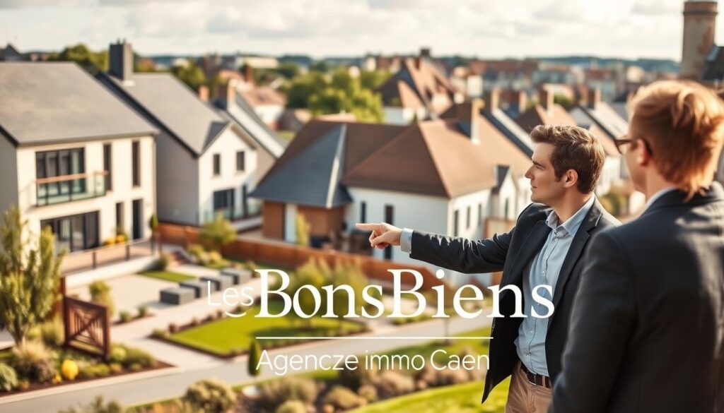 A vibrant scene showcasing the modern real estate landscape of Caen, Normandy, featuring charming residential neighborhoods. In the foreground, a professional real estate agent, dressed in smart business attire, engages with clients, pointing towards a sleek property with contemporary architecture. In the middle ground, a mix of stylish homes and well-maintained gardens reflect the inviting atmosphere of these sought-after neighborhoods. The background reveals the historic buildings of Caen, harmonizing old-world charm with modern living. Soft, natural lighting imbues the scene with warmth, while a slight angle captures the dynamic interaction between the agent and clients. The branding "Les BonsBiens Agence Immo Caen" subtly integrated into the scene, enhances the professional context. The overall mood is optimistic and engaging, perfect for illustrating investment opportunities in Caen.