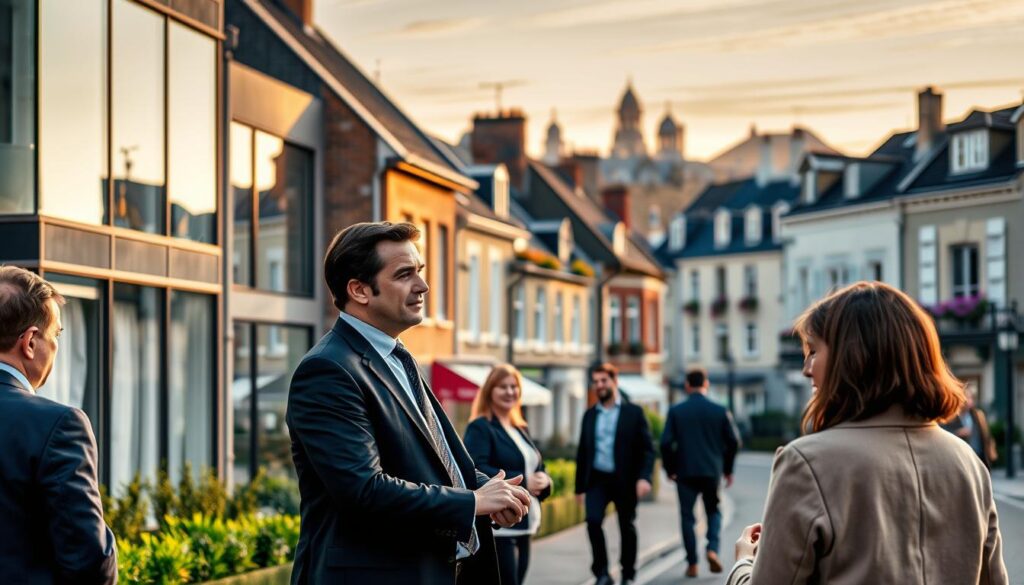 A vibrant street scene in Caen, Normandy, showcasing a blend of modern real estate and historical architecture. In the foreground, a professional real estate agent, dressed in business attire, is engaged in a discussion with clients in front of a contemporary property featuring glass facades and a well-kept garden. The middle ground displays charming residential buildings with a mix of classic and modern styles, adorned with colorful flower boxes. The background features the iconic Caen skyline under a soft, golden sunset, creating a warm atmosphere, while the gentle light casts elongated shadows. The overall mood is welcoming and professional, highlighting the expertise of "Les BonsBiens Agence Immo Caen" in the local real estate market. No text or logos appear in the image.