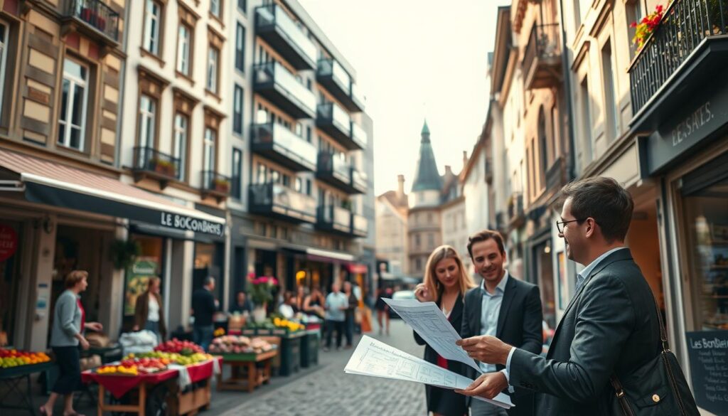 A vibrant street scene in Caen, Normandy, showcasing a modern apartment building in the center, with intricate architectural details that reflect the local style. In the foreground, a professional real estate agent in smart business attire is engaging with a couple of clients, looking at floor plans. The middle ground features a bustling marketplace with local vendors, colorful produce, and shoppers, creating a lively atmosphere. The background shows quaint cafes and historical buildings under soft, warm daylight, evoking a friendly, inviting mood. Capture this moment from a slightly elevated angle, emphasizing the engaging interaction and the charm of the neighborhood. Include the subtle branding of "Les BonsBiens Agence Immo Caen" in the scene without visible text overlays. A vibrant street scene in Caen, Normandy, showcasing a modern apartment building in the center, with intricate architectural details that reflect the local style. In the foreground, a professional real estate agent in smart business attire is engaging with a couple of clients, looking at floor plans. The middle ground features a bustling marketplace with local vendors, colorful produce, and shoppers, creating a lively atmosphere. The background shows quaint cafes and historical buildings under soft, warm daylight, evoking a friendly, inviting mood. Capture this moment from a slightly elevated angle, emphasizing the engaging interaction and the charm of the neighborhood. Include the subtle branding of "Les BonsBiens Agence Immo Caen" in the scene without visible text overlays.