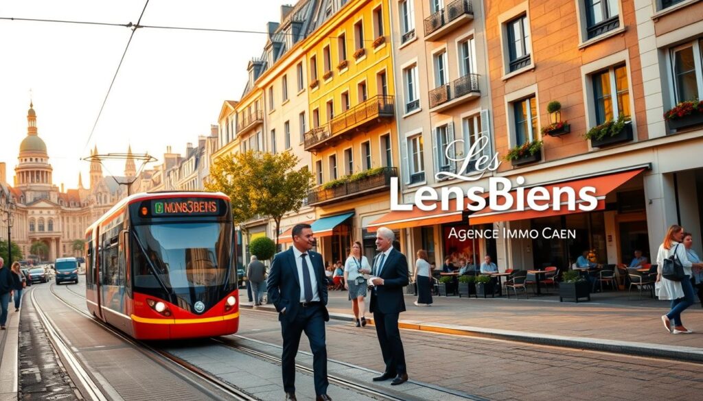 A vibrant street scene in Caen, Normandy, showcasing a modern tramway station in the foreground with bustling activity. In the middle ground, a professional real estate agent in formal business attire interacts with clients, discussing properties. The architecture around them features contemporary buildings with large windows and quaint café terraces, capturing the charm of urban living. In the background, iconic landmarks of Caen are visible, creating a sense of place. The lighting is warm and inviting, suggesting either a golden hour sunrise or sunset, enhancing the atmosphere of opportunity and investment. The image subtly includes the branding "Les BonsBiens Agence Immo Caen" in the environment, reflecting a focus on real estate expertise in the downtown location. The entire scene is lively but professional, emanating a sense of community and investment potential.