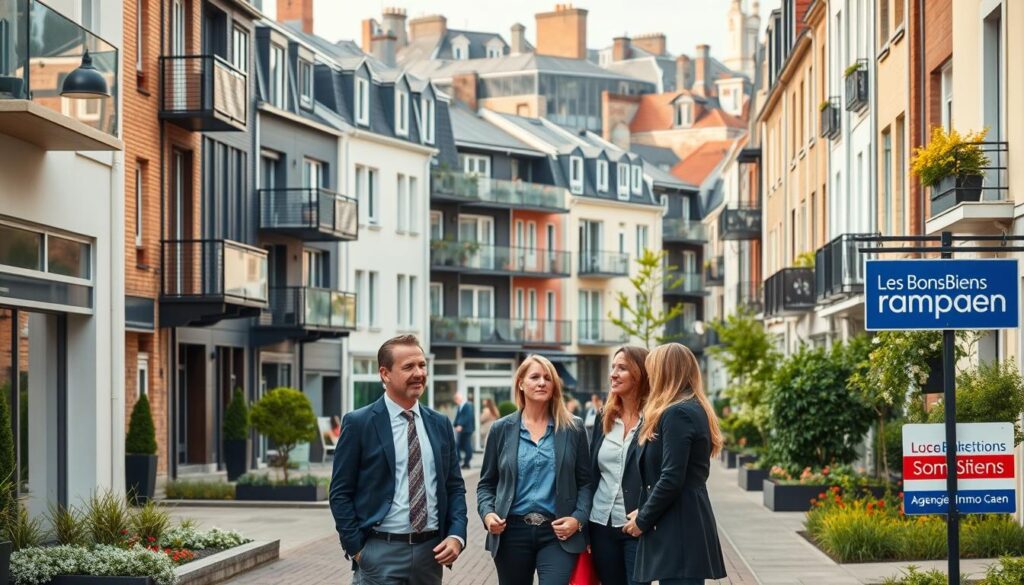 A vibrant street scene in Caen, Normandy, showcasing modern real estate architecture. In the foreground, a professional real estate agent, dressed in smart business attire, engages with clients, discussing properties. The middle ground features a diverse array of contemporary residential buildings, adorned with attractive facades and landscaped gardens, reflecting the popular neighborhoods of Caen. In the background, the historic architecture of Caen is visible, merging the old with the new. Soft, natural lighting highlights the scene, suggesting a pleasant afternoon. The camera angle is slightly elevated, capturing both the vibrancy of the interactions and the charm of the surroundings. The atmosphere is warm and inviting, emphasizing local expertise and community spirit while subtly including the logo of “Les BonsBiens Agence Immo Caen” on a nearby real estate sign.
