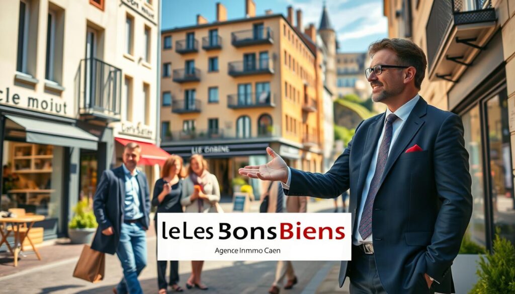A vibrant street scene in Caen, showcasing modern Normandy architecture, with a focus on a professional real estate agent in a sharp business suit, engaging in a discussion with diverse clients of various ages and ethnicities. In the foreground, the agent gestures towards a stylish apartment building, demonstrating their expertise in the local real estate market. The middle ground features charming cafes and boutiques, reflecting the lively atmosphere of the quartier. Soft, natural lighting bathes the scene, creating a welcoming feel. The background includes a glimpse of iconic Caen landmarks, such as the Château de Caen, under a clear blue sky. The image should convey professionalism, confidence, and community engagement, while prominently featuring the brand name "Les BonsBiens Agence Immo Caen". A vibrant street scene in Caen, showcasing modern Normandy architecture, with a focus on a professional real estate agent in a sharp business suit, engaging in a discussion with diverse clients of various ages and ethnicities. In the foreground, the agent gestures towards a stylish apartment building, demonstrating their expertise in the local real estate market. The middle ground features charming cafes and boutiques, reflecting the lively atmosphere of the quartier. Soft, natural lighting bathes the scene, creating a welcoming feel. The background includes a glimpse of iconic Caen landmarks, such as the Château de Caen, under a clear blue sky. The image should convey professionalism, confidence, and community engagement, while prominently featuring the brand name "Les BonsBiens Agence Immo Caen".
