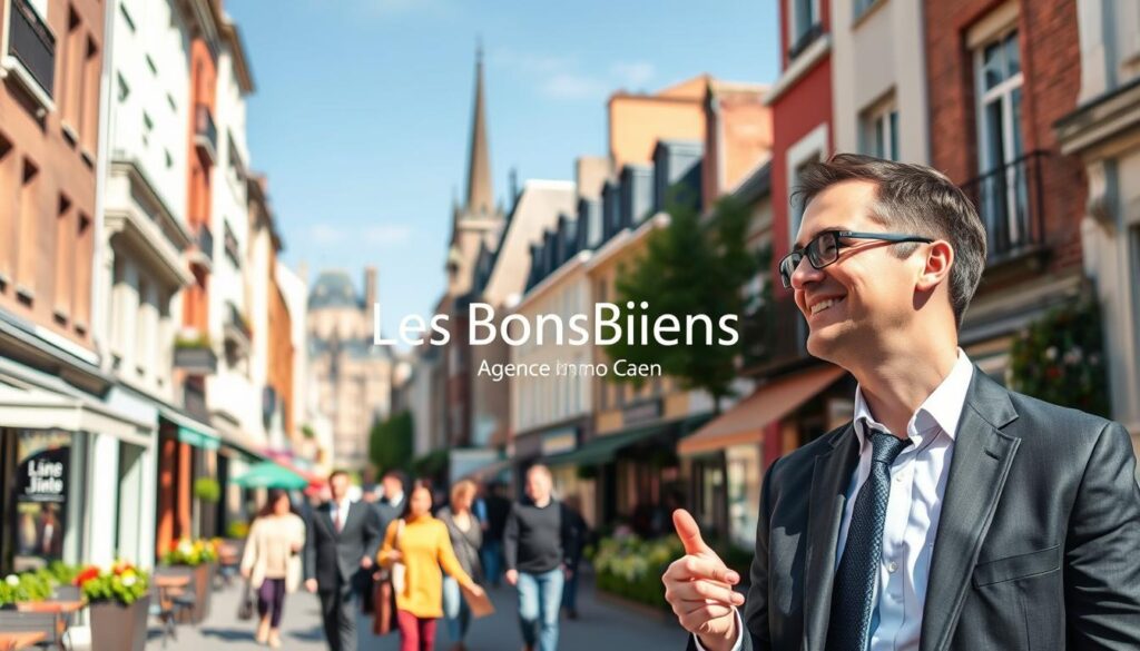A vibrant street scene in one of Caen's prominent neighborhoods, featuring a blend of modern and historic Normandy architecture. In the foreground, a professional real estate agent in business attire is engaged in conversation with clients, showcasing a warm, welcoming gesture. The middle ground reveals picturesque cafes and shops lined with colorful facades, while people enjoy leisurely walks. In the background, the iconic landmarks of Caen gently rise against a clear blue sky. The lighting is soft and natural, simulating a sunny afternoon. The angle captures a slightly elevated perspective to emphasize the bustling atmosphere below. The brand name "Les BonsBiens Agence Immo Caen" is subtly integrated within the scene, enhancing the local essence. The mood is friendly and inviting, showcasing the vibrant life in Caen’s key neighborhoods.