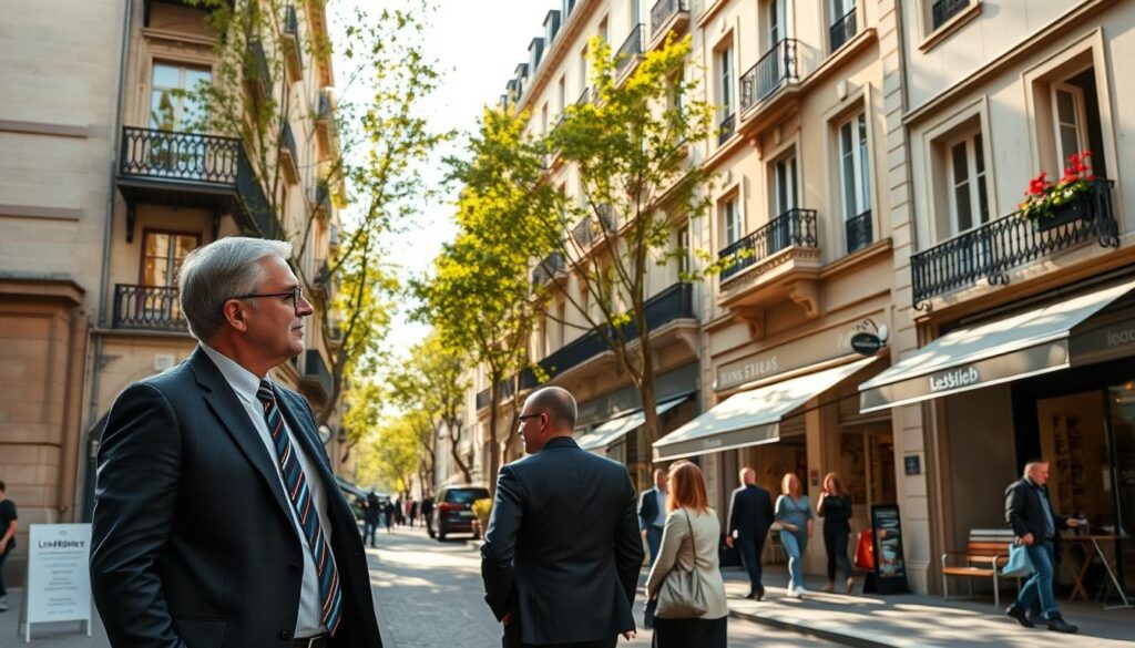 A vibrant street scene in the historic center of Caen, showcasing modern real estate amidst charming Normandy architecture. In the foreground, a well-dressed real estate agent in a tailored suit engages with a couple looking at an elegant, older apartment building, characterized by classic French details such as wrought-iron balconies and stone facades. The middle ground features bustling cafes and shops, with people enjoying their day, encapsulating the appeal of upscale neighborhoods. In the background, soft sunlight filters through the trees lining the street, creating a warm atmosphere. The scene should convey optimism and potential for property value appreciation. Include a subtle branding element for "Les BonsBiens Agence Immo Caen" as part of the real estate office. Use a wide-angle lens perspective to emphasize depth and vibrancy.
