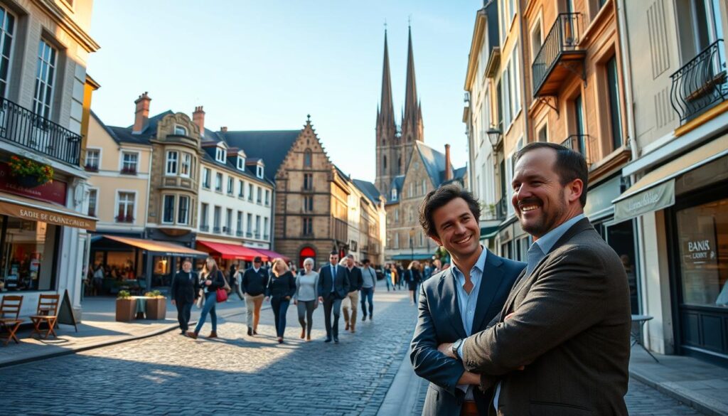 A vibrant street scene in the historic city center of Caen, showcasing its emblematic neighborhoods, with beautiful Normandy architecture. In the foreground, a professional real estate agent in modest, professional attire is engaging with potential clients, smiling and gesturing towards a charming apartment building. The middle ground features pedestrians strolling along the cobblestone streets, surrounded by boutique shops and cafés with outdoor seating under colorful awnings. In the background, the iconic church steeples and historical buildings rise against a clear blue sky, with soft, warm sunlight casting gentle shadows. The atmosphere is lively and inviting, suggesting the appeal of urban living in Caen. Capture this essence for "Les BonsBiens Agence Immo Caen". A vibrant street scene in the historic city center of Caen, showcasing its emblematic neighborhoods, with beautiful Normandy architecture. In the foreground, a professional real estate agent in modest, professional attire is engaging with potential clients, smiling and gesturing towards a charming apartment building. The middle ground features pedestrians strolling along the cobblestone streets, surrounded by boutique shops and cafés with outdoor seating under colorful awnings. In the background, the iconic church steeples and historical buildings rise against a clear blue sky, with soft, warm sunlight casting gentle shadows. The atmosphere is lively and inviting, suggesting the appeal of urban living in Caen. Capture this essence for "Les BonsBiens Agence Immo Caen".