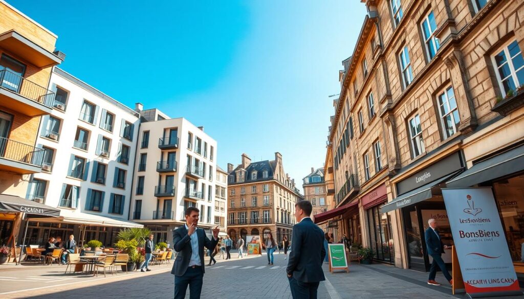 A vibrant street scene in the "quartier centre-ville Caen," showcasing modern Normandy architecture. In the foreground, a professional real estate agent in business attire converses with a couple, gesturing towards a stylish apartment building. The middle ground features quaint cafes and boutique shops with outdoor seating, inviting passersby to enjoy the atmosphere. The background reveals historic stone buildings under a clear blue sky, enhanced by warm afternoon sunlight. The scene captures a lively, welcoming ambiance, with people casually strolling by. Ensure the image is framed from a slight elevated angle to provide a broad view of the bustling urban life. Include subtle branding elements of "Les BonsBiens Agence Immo Caen" in the background signage to add context without distractions.