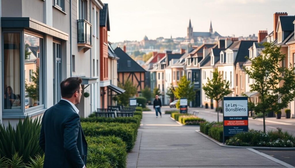A vibrant street scene showcasing modern real estate in Caen, Normandy. In the foreground, a professional real estate agent in business attire is engaged in conversation with potential clients, standing near a stylish property with large windows and contemporary architecture. The middle ground features a variety of architectural styles representing different neighborhoods, blending traditional Norman facades with modern constructions. Lush greenery and well-maintained sidewalks enhance the urban atmosphere. In the background, the famous Caen skyline with historical landmarks subtly visible. Soft, natural lighting creates a welcoming ambiance, evoking a sense of opportunity and community. The scene includes the branding "Les BonsBiens Agence Immo Caen" displayed on a sign near the agent. A vibrant street scene showcasing modern real estate in Caen, Normandy. In the foreground, a professional real estate agent in business attire is engaged in conversation with potential clients, standing near a stylish property with large windows and contemporary architecture. The middle ground features a variety of architectural styles representing different neighborhoods, blending traditional Norman facades with modern constructions. Lush greenery and well-maintained sidewalks enhance the urban atmosphere. In the background, the famous Caen skyline with historical landmarks subtly visible. Soft, natural lighting creates a welcoming ambiance, evoking a sense of opportunity and community. The scene includes the branding "Les BonsBiens Agence Immo Caen" displayed on a sign near the agent.