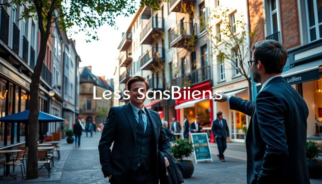 A vibrant street view in Caen, Normandy, showcasing a modern real estate scene. In the foreground, a professional real estate agent in business attire engages with potential clients, pointing towards a contemporary apartment building, emphasizing the inviting architecture and outdoor spaces. The middle ground includes charming cafes and shops, illustrating the convenience of amenities in close proximity. In the background, typical Normandy architecture is visible, with soft lighting filtering through the trees, creating a warm and welcoming atmosphere. The scene captures the essence of modern living in Caen. Include the brand name “Les BonsBiens Agence Immo Caen” subtly integrated into the ambiance, enhancing the sense of community and opportunity in the area. A vibrant street view in Caen, Normandy, showcasing a modern real estate scene. In the foreground, a professional real estate agent in business attire engages with potential clients, pointing towards a contemporary apartment building, emphasizing the inviting architecture and outdoor spaces. The middle ground includes charming cafes and shops, illustrating the convenience of amenities in close proximity. In the background, typical Normandy architecture is visible, with soft lighting filtering through the trees, creating a warm and welcoming atmosphere. The scene captures the essence of modern living in Caen. Include the brand name “Les BonsBiens Agence Immo Caen” subtly integrated into the ambiance, enhancing the sense of community and opportunity in the area.
