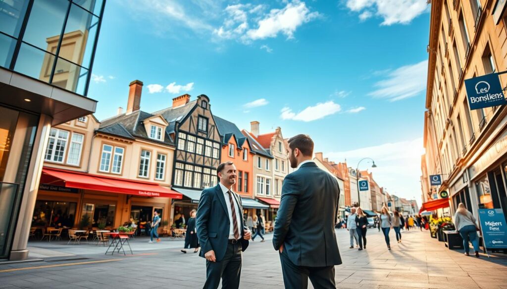 A vibrant urban scene depicting the lively center of Caen, Normandy. In the foreground, a professional real estate agent in smart business attire converses with potential clients outside a modern building, symbolizing the spirit of real estate transactions. The mid-ground highlights distinctive Normandy architecture, blending historical elements with contemporary styles. Lively cafes and shops line the street, with people casually strolling, contributing to the bustling atmosphere. The background showcases a clear blue sky with soft sunlight illuminating the scene, creating a warm, welcoming glow. Capture this engaging moment in a wide-angle view, emphasizing the blend of community and real estate expertise, while subtly incorporating "Les BonsBiens Agence Immo Caen" signage in the scene. Ensure the composition is clean and inviting, evoking a sense of discovery in the city's vibrant neighborhoods.