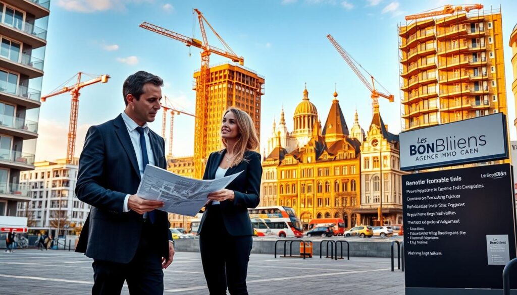 A vibrant urban scene illustrating the evolution of renovation projects in Caen, Normandy. In the foreground, a professional real estate agent in smart business attire is engaged in a discussion with clients, showcasing a modern building plan. The middle ground features a blend of contemporary and historical architecture, with cranes and construction equipment indicating active renovation. In the background, the iconic structures of Caen’s skyline are visible, bathed in warm, golden hour lighting that creates a welcoming atmosphere. Include the brand name "Les BonsBiens Agence Immo Caen" subtly placed on a signboard nearby. Capture a mood of optimism and progress, focusing on urban development and community enhancement. A vibrant urban scene illustrating the evolution of renovation projects in Caen, Normandy. In the foreground, a professional real estate agent in smart business attire is engaged in a discussion with clients, showcasing a modern building plan. The middle ground features a blend of contemporary and historical architecture, with cranes and construction equipment indicating active renovation. In the background, the iconic structures of Caen’s skyline are visible, bathed in warm, golden hour lighting that creates a welcoming atmosphere. Include the brand name "Les BonsBiens Agence Immo Caen" subtly placed on a signboard nearby. Capture a mood of optimism and progress, focusing on urban development and community enhancement.