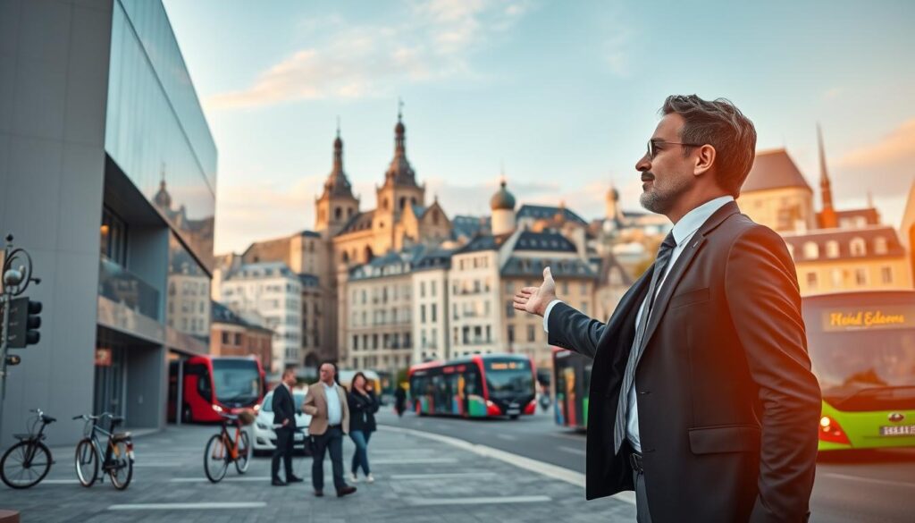 A vibrant urban scene in Caen, Normandy, depicting a modern real estate environment. In the foreground, a professional real estate agent in smart business attire gestures towards a sleek building with contemporary architecture. The middle ground features clients engaged in a discussion, admiring the architectural details, showcasing a sense of mobility and proximity to transports. Bicycles and buses can be seen nearby, symbolizing ease of transportation. In the background, the historic skyline of Caen is softly illuminated by warm evening light, enhancing the atmosphere of a welcoming community. Capture the essence of "Les BonsBiens Agence Immo Caen" through dynamic composition and an inviting color palette, portraying professionalism and accessibility without any text or watermarks.