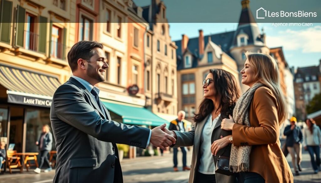 A vibrant urban scene showcasing the attractivity of downtown Caen, Normandy, centered around modern real estate. In the foreground, a professional real estate agent in business attire shakes hands with a couple, exuding warmth and professionalism. The middle ground features beautifully renovated historic buildings with stylish storefronts and cozy cafés, creating a welcoming atmosphere. The background showcases the iconic architecture of Caen, bathed in soft afternoon sunlight, with a clear blue sky above. The image should illustrate a thriving community with people of diverse backgrounds enjoying the surroundings. The composition should have a slight depth of field to emphasize the foreground interaction, capturing a moment of connection in this attractive urban landscape. Include subtle branding elements of "Les BonsBiens Agence Immo Caen."