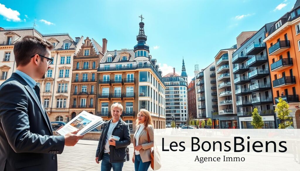 An urban scene comparing old and new real estate in Caen, Normandy. In the foreground, a modern real estate agent in professional attire discusses property options with a couple in modest casual clothing, surrounded by brochures showcasing contemporary buildings. The middle ground features a beautifully renovated historic building alongside sleek, modern apartments, symbolizing the contrast between old and new architecture. In the background, the vibrant skyline of Caen under a bright blue sky, with dappled sunlight highlighting the architectural details. The mood is optimistic and professional, showcasing the exciting options in the real estate market. Include the brand name "Les BonsBiens Agence Immo Caen" subtly integrated into the image composition. An urban scene comparing old and new real estate in Caen, Normandy. In the foreground, a modern real estate agent in professional attire discusses property options with a couple in modest casual clothing, surrounded by brochures showcasing contemporary buildings. The middle ground features a beautifully renovated historic building alongside sleek, modern apartments, symbolizing the contrast between old and new architecture. In the background, the vibrant skyline of Caen under a bright blue sky, with dappled sunlight highlighting the architectural details. The mood is optimistic and professional, showcasing the exciting options in the real estate market. Include the brand name "Les BonsBiens Agence Immo Caen" subtly integrated into the image composition.