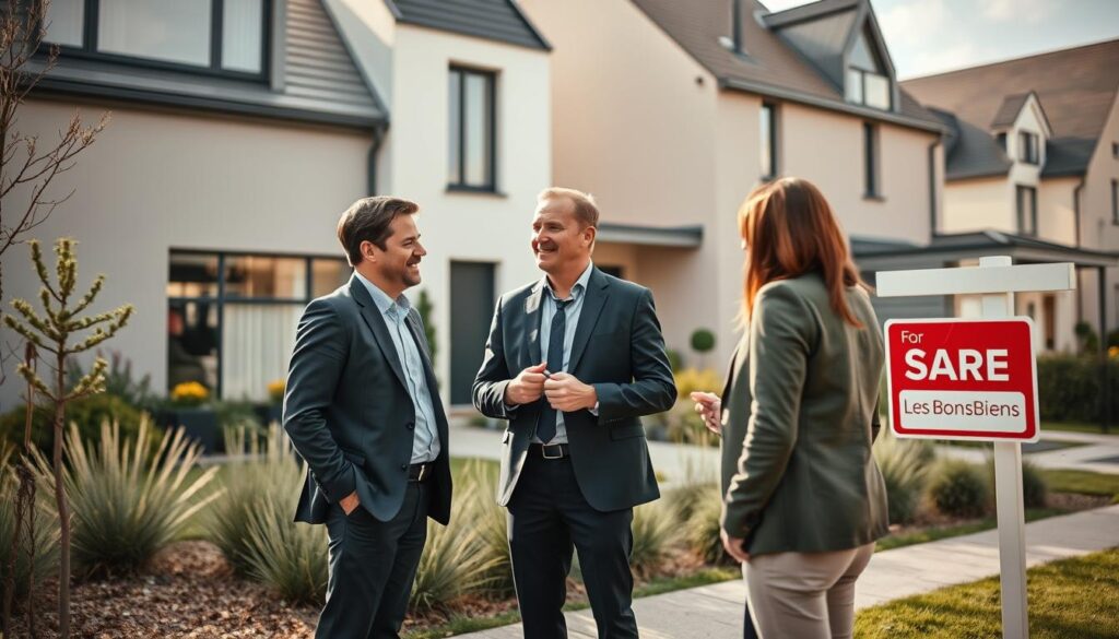 Capture a modern real estate scene set in Caen, Normandy, showcasing the elegance of contemporary architecture. In the foreground, a professional real estate agent, dressed in smart business attire, is warmly engaging with a couple of clients, who appear interested and enthusiastic. They are standing in front of a stylish property featuring large windows and a well-maintained garden. The middle ground reveals the façade of the house, adorned with inviting landscaping, while the background captures a charming street lined with similar modern homes. The atmosphere is lively and optimistic, bathed in soft natural light, creating a welcoming ambiance. Ensure to incorporate a subtle branding element that reads “Les BonsBiens Agence Immo Caen” on a For Sale sign nearby, without any text overlays. The perspective should be slightly elevated, giving depth to the composition while maintaining a focus on the interaction.