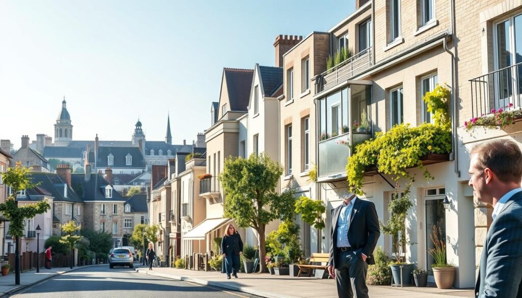 Charming neighborhoods of Caen, Normandy, captured in a picturesque scene showcasing modern real estate architecture. In the foreground, a professional real estate agent in smart business attire is engaging with clients near a stylish apartment building adorned with local greenery. The middle ground features a vibrant street lined with traditional Normandy-style houses, their facades painted in soft pastels. In the background, the historical landmarks of Caen blend seamlessly with contemporary structures under a clear blue sky. Gentle afternoon sunlight casts a warm glow on the scene, enhancing the welcoming atmosphere. The mood is friendly and professional, reflecting a sense of local expertise and community ties. Include the brand name "Les BonsBiens Agence Immo Caen" subtly integrated within the environment, ensuring no text or watermarks disrupt the visual harmony. Charming neighborhoods of Caen, Normandy, captured in a picturesque scene showcasing modern real estate architecture. In the foreground, a professional real estate agent in smart business attire is engaging with clients near a stylish apartment building adorned with local greenery. The middle ground features a vibrant street lined with traditional Normandy-style houses, their facades painted in soft pastels. In the background, the historical landmarks of Caen blend seamlessly with contemporary structures under a clear blue sky. Gentle afternoon sunlight casts a warm glow on the scene, enhancing the welcoming atmosphere. The mood is friendly and professional, reflecting a sense of local expertise and community ties. Include the brand name "Les BonsBiens Agence Immo Caen" subtly integrated within the environment, ensuring no text or watermarks disrupt the visual harmony.